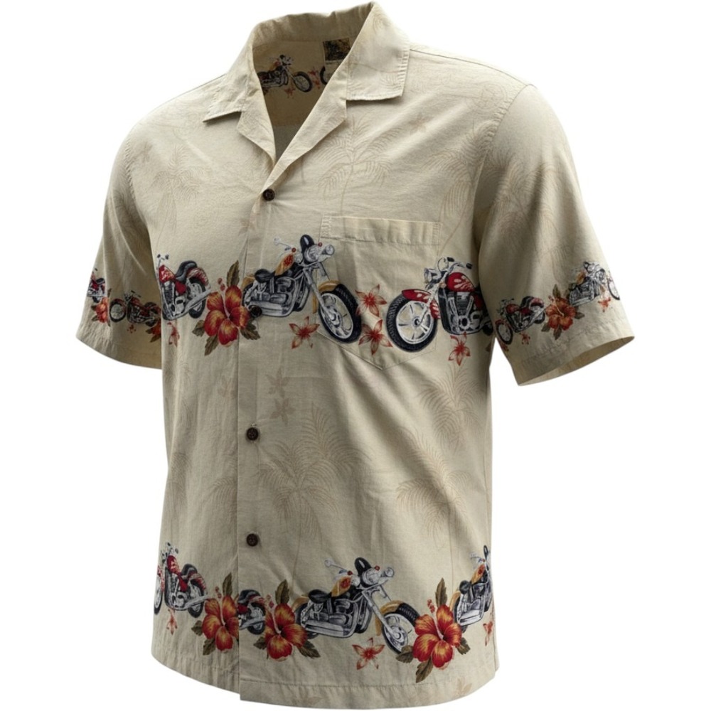 Winnie Fashion Hawaiian Shirt Mens L Beige Motorcycle Hibiscus Cotton Hawaii